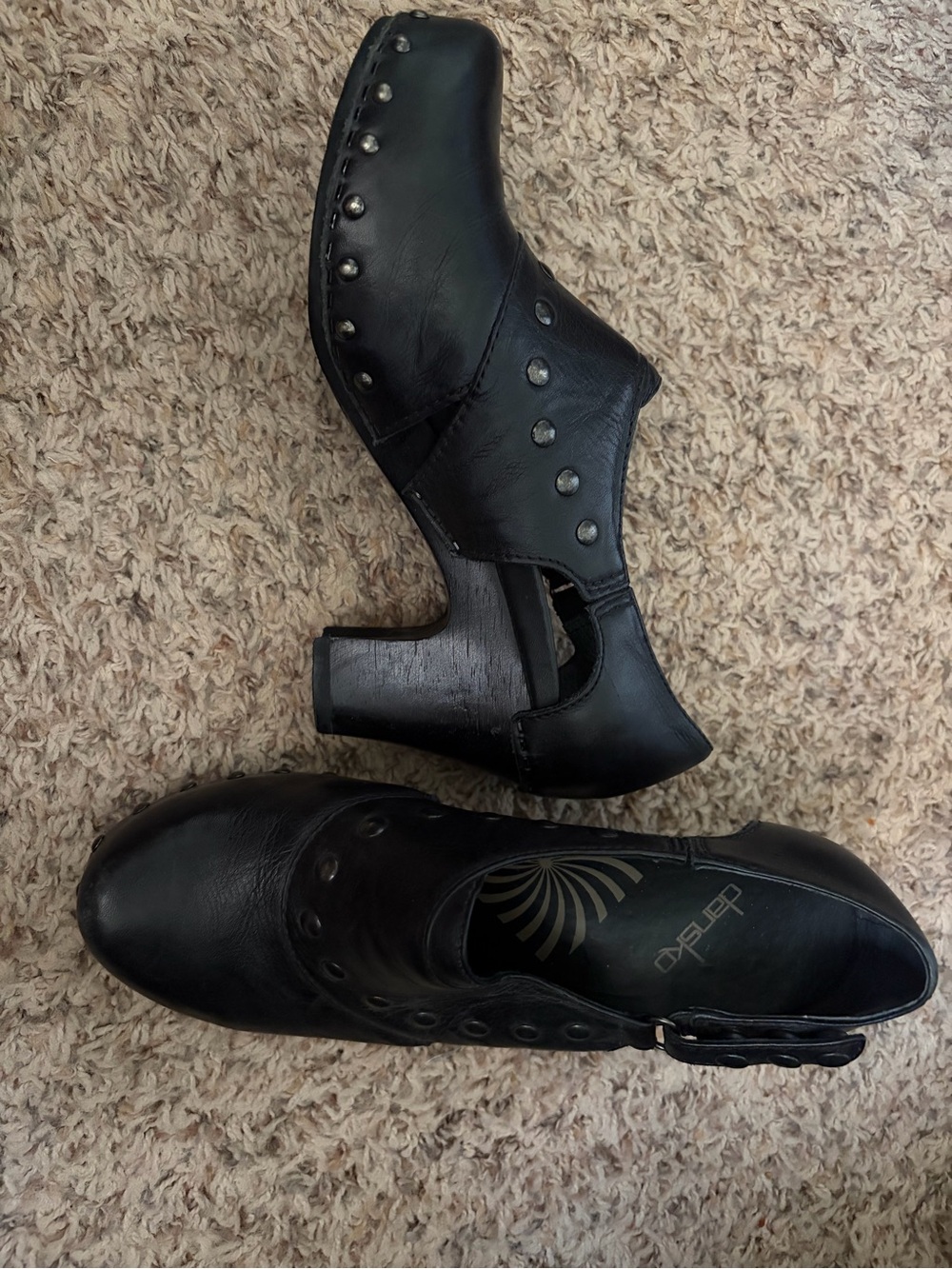 Dansko Black Leather Studded Block Heel Clogs - Women